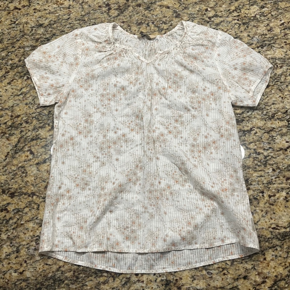 Woolrich Womens White Floral Stripe V-Neck Short Sleeve Blouse Top Size Medium